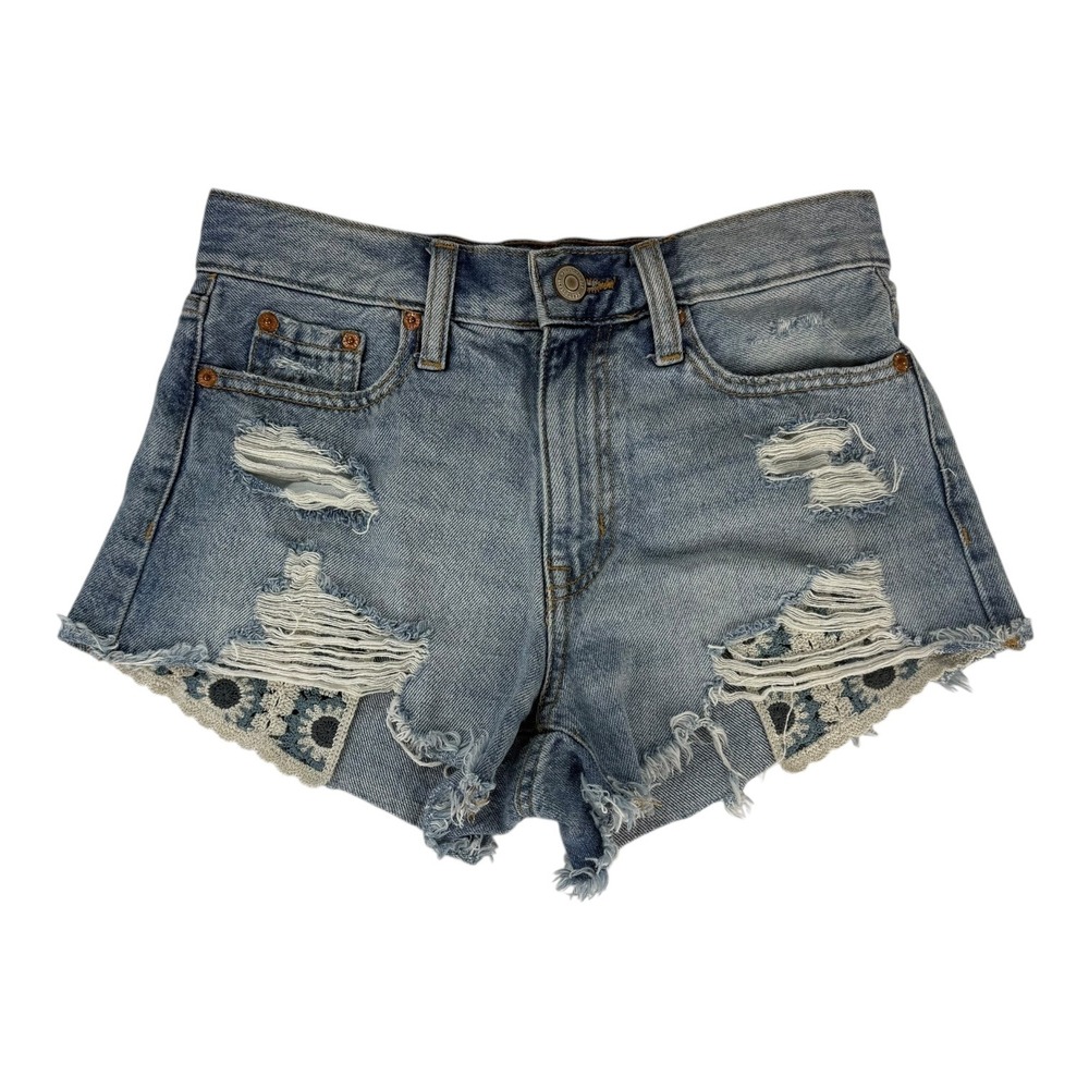 Aeropostale Vintage High Rise‎ Shorty 000 Blue Distressed Crochet Denim Shorts
